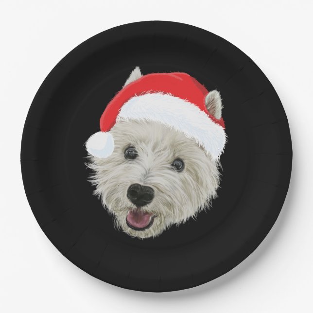 West Highland Terrier Christmas Santa Hat Paper Plates (Front)