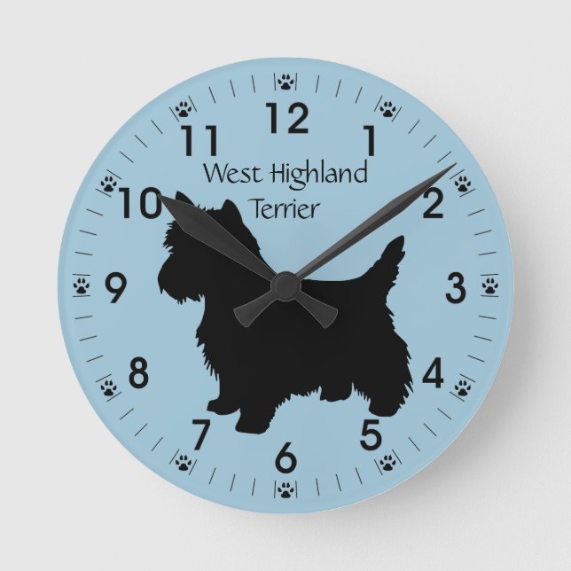 West Highland Terrier Dog Silhouette Personalized Round Clock (Front)