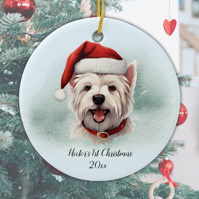West Highland Terrier Personalized First Christmas Ceramic Ornament (Personalize with Dog's name and year, or add different text, or delete if not required.)
