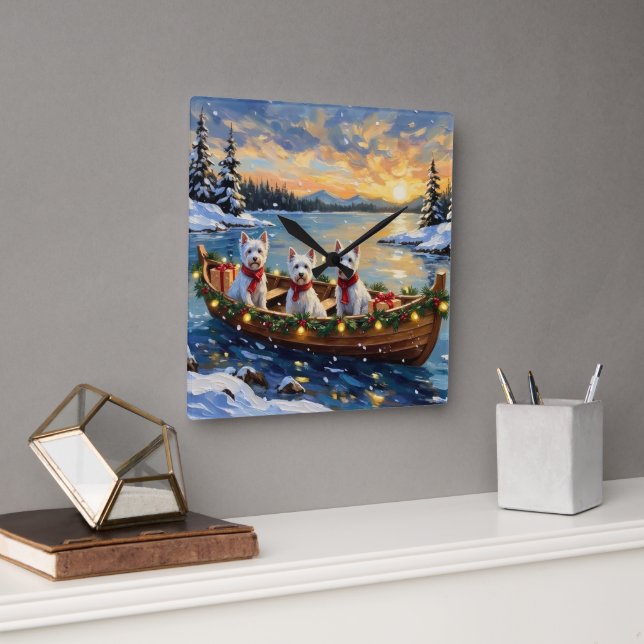 West Highland White Terrier Christmas Boat Holiday Square Wall Clock (Office)
