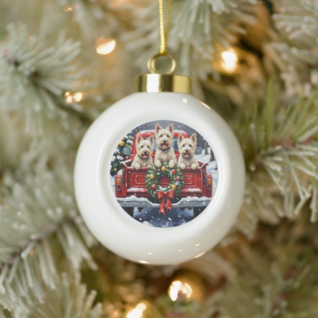 West Highland White Terrier Christmas Red Truck Ceramic Ball Christmas Ornament (Tree)