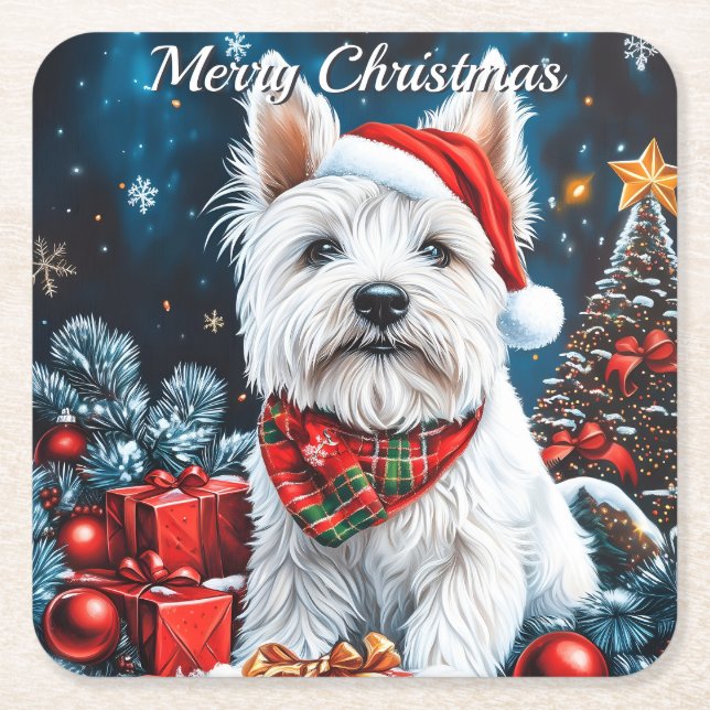 West Highland White Terrier Christmas Square Paper Coaster (Front)