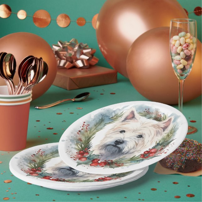 West Highland White Terrier Christmas Wreath  Paper Plates (Multi)