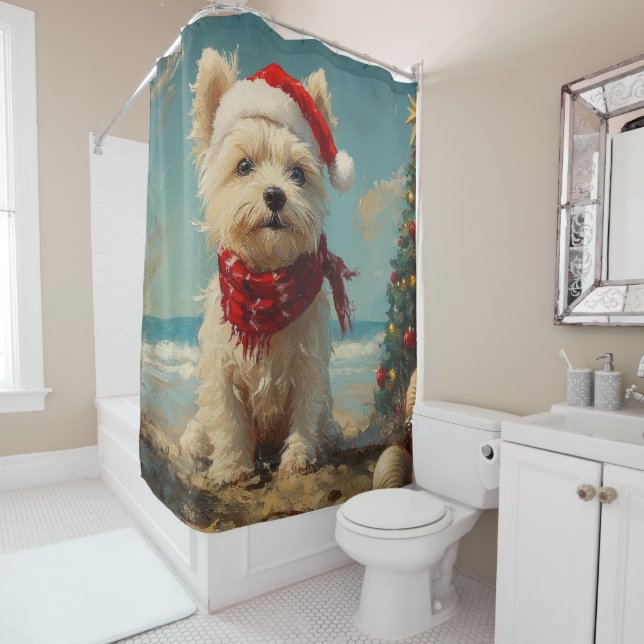 West Highland White Terrier Dog Christmas Beach Shower Curtain (In Situ)