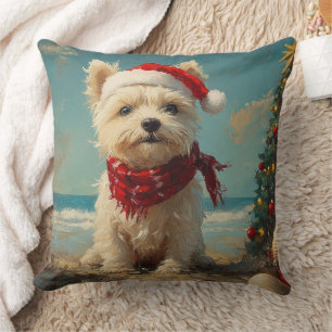 West Highland White Terrier Dog Christmas Beach Throw Pillow