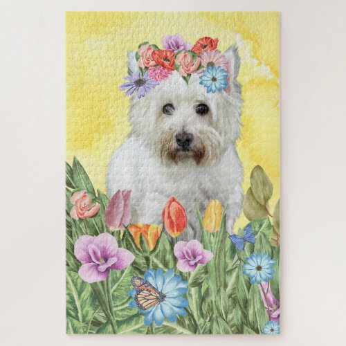 West Highland White Terrier Dog Flowers Jigsaw Puzzle