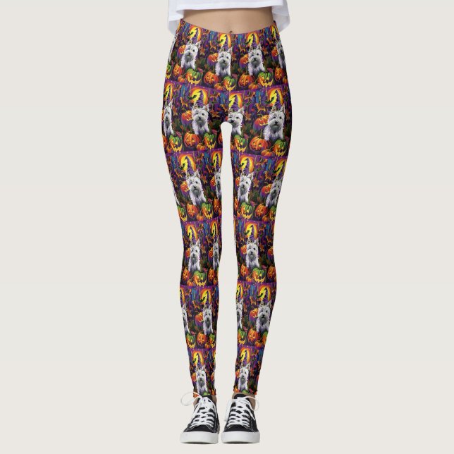 West Highland White Terrier Dog Halloween Witch Leggings (Front)