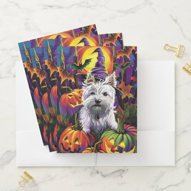 West Highland White Terrier Dog Halloween Witch Pocket Folder (In Situ)