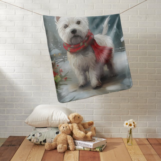 West Highland White Terrier Dog in Snow Christmas Baby Blanket (In Situ)