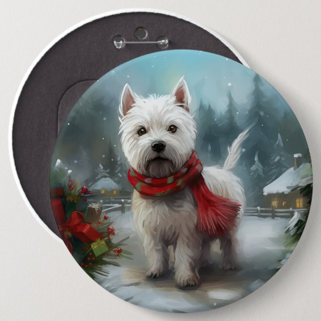 West Highland White Terrier Dog in Snow Christmas Button (Front & Back)