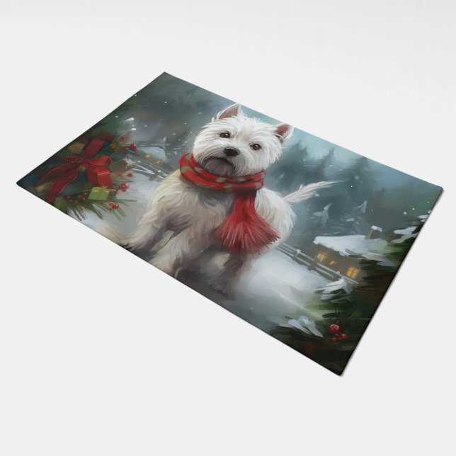 West Highland White Terrier Dog in Snow Christmas Doormat (Angled)