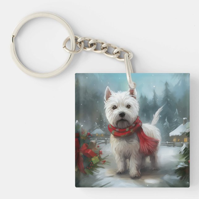 West Highland White Terrier Dog in Snow Christmas Keychain (Front)