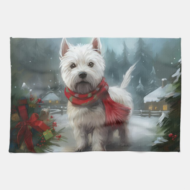 West Highland White Terrier Dog in Snow Christmas Kitchen Towel (Horizontal)
