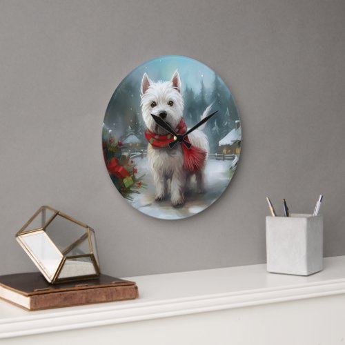 West Highland White Terrier Dog in Snow Christmas Large Clock