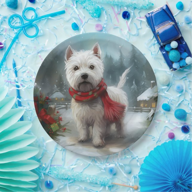 West Highland White Terrier Dog in Snow Christmas Paper Plates (Party)