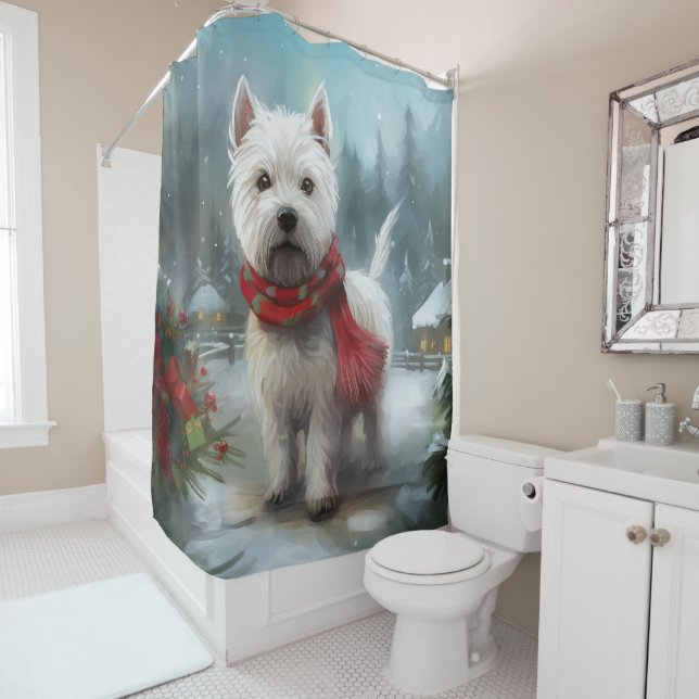 West Highland White Terrier Dog in Snow Christmas Shower Curtain (In Situ)