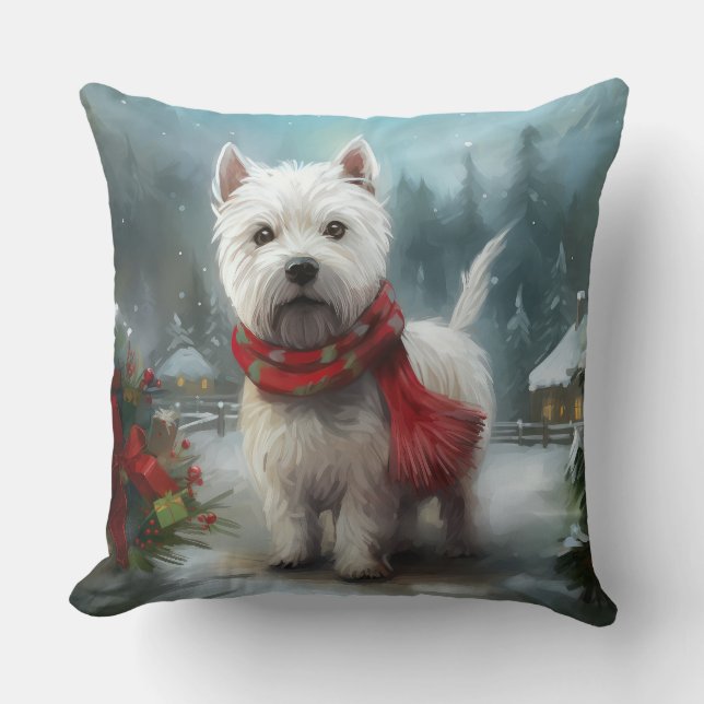 West Highland White Terrier Dog in Snow Christmas Throw Pillow (Front)