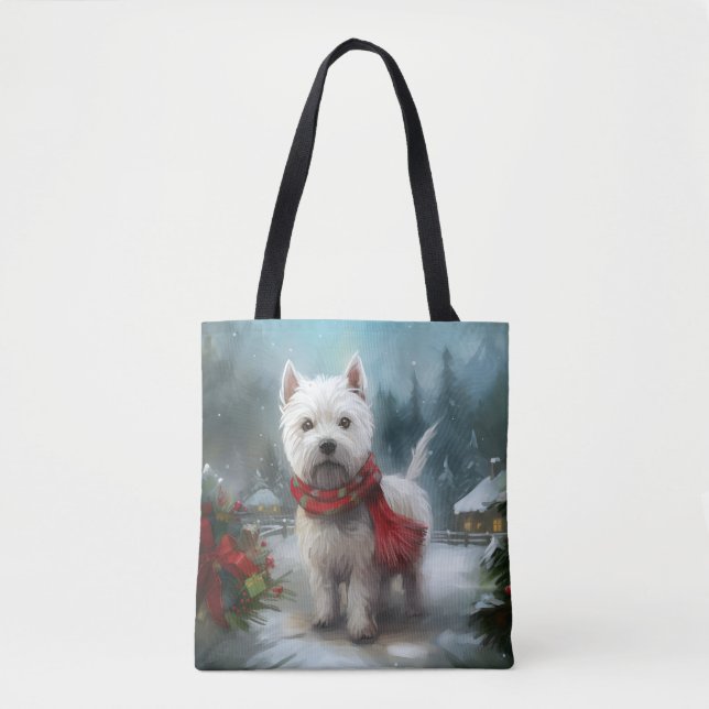 West Highland White Terrier Dog in Snow Christmas Tote Bag (Front)
