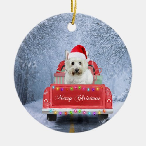 West Highland White Terrier Dog in Snow truck  Ceramic Ornament