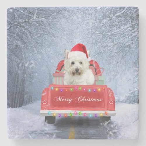 West Highland White Terrier Dog in Snow truck  Stone Coaster