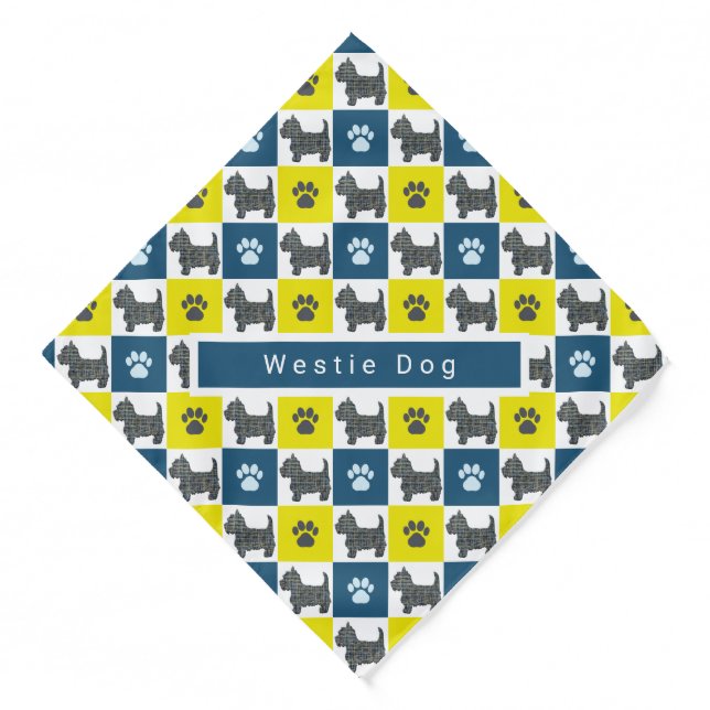 West Highland White Terrier Dog & Paw Yellow &Blue Bandana (Front)