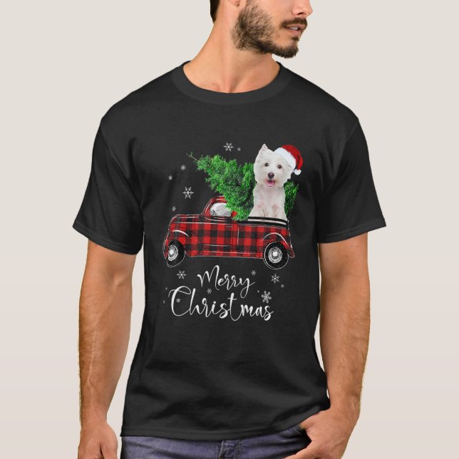 West Highland White Terrier Dog Ride Red Truck Chr T-Shirt (Front)