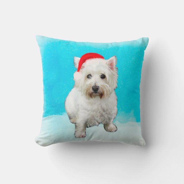 West Highland White Terrier Dog Snow Christmas Hat Throw Pillow (Front)