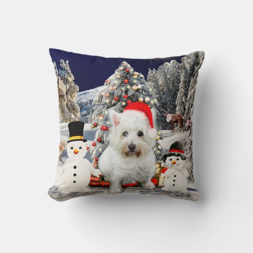 West Highland White Terrier Dog Snow Christmas Hat Throw Pillow