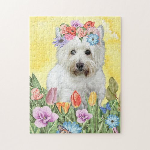 West Highland White Terrier Dog with Flowers Sprin Jigsaw Puzzle