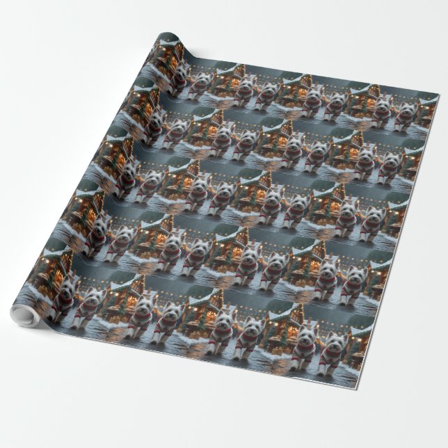 West Highland White Terrier Dogs Christmas Snow  Wrapping Paper (Unrolled)