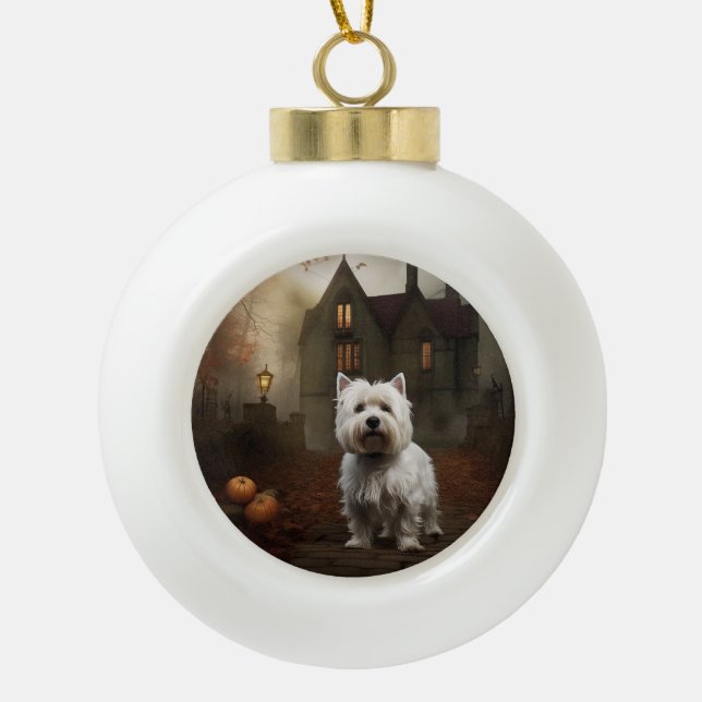 West Highland White Terrier Halloween Scary Ceramic Ball Christmas Ornament (Front)