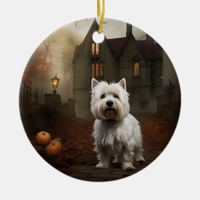 West Highland White Terrier Halloween Scary Ceramic Ornament (Front)
