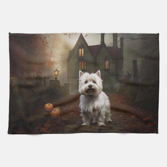 West Highland White Terrier Halloween Scary Kitchen Towel (Horizontal)