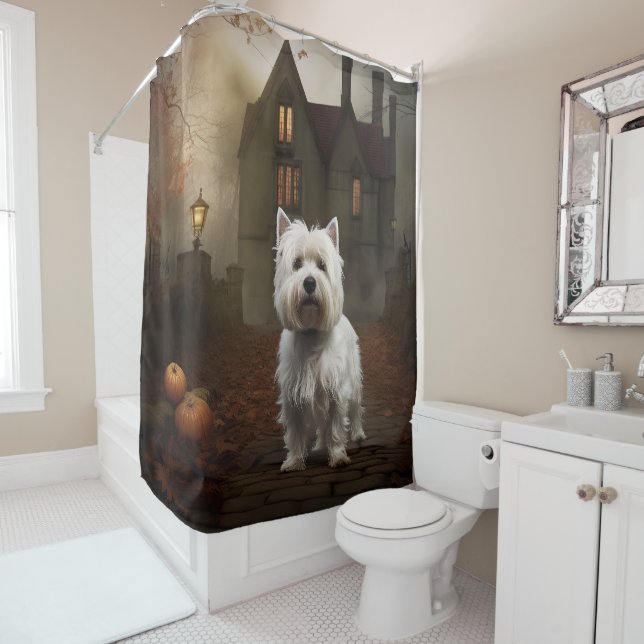 West Highland White Terrier Halloween Scary Shower Curtain (In Situ)