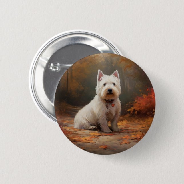 West Highland White Terrier in Autumn Leaves Fall Button (Front & Back)