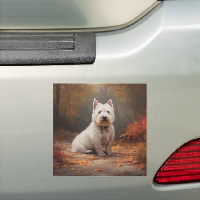 West Highland White Terrier in Autumn Leaves Fall Car Magnet (In Situ)