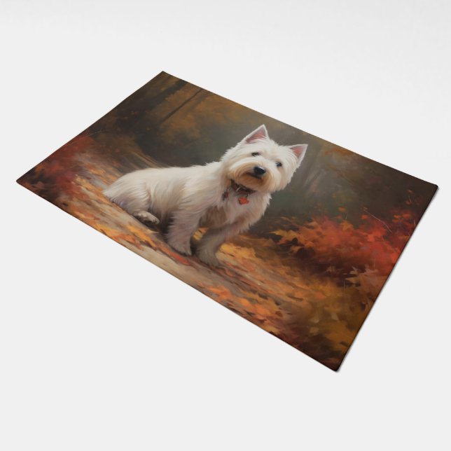 West Highland White Terrier in Autumn Leaves Fall Doormat (Angled)