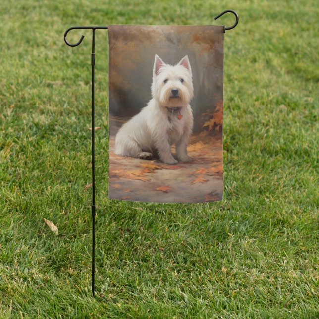 West Highland White Terrier in Autumn Leaves Fall Garden Flag (In SItu)