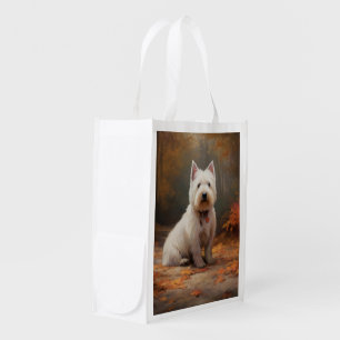 West Highland White Terrier in Autumn Leaves Fall Grocery Bag