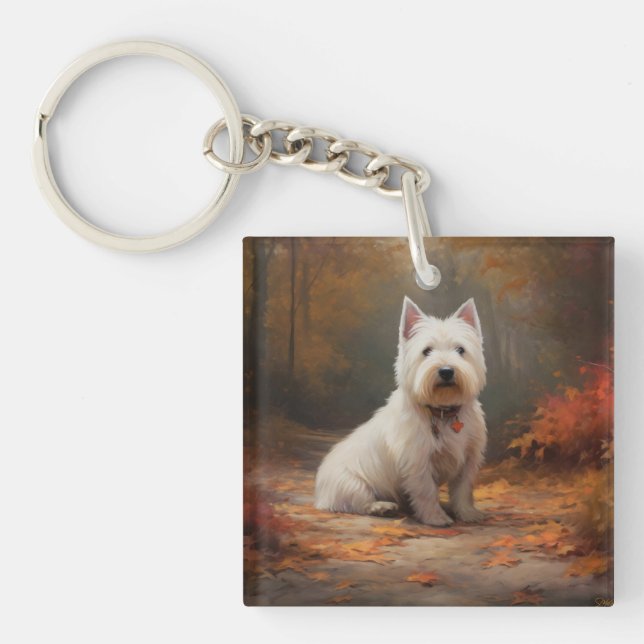 West Highland White Terrier in Autumn Leaves Fall Keychain (Front)