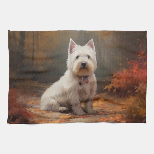 West Highland White Terrier in Autumn Leaves Fall Kitchen Towel (Horizontal)