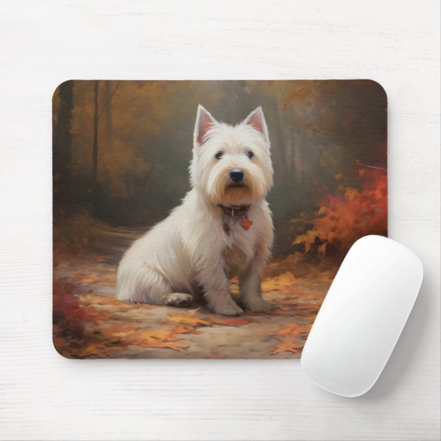 West Highland White Terrier in Autumn Leaves Fall Mouse Pad (With Mouse)