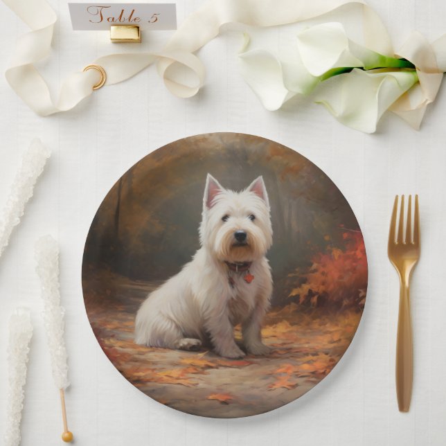 West Highland White Terrier in Autumn Leaves Fall Paper Plates (Wedding)