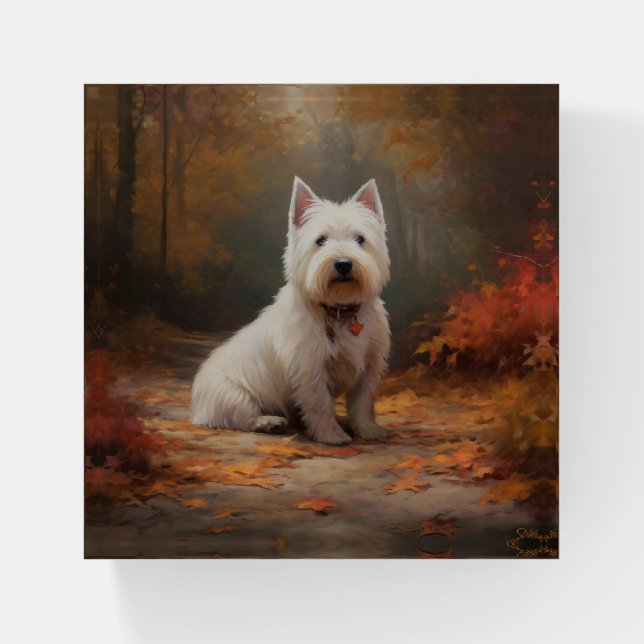 West Highland White Terrier in Autumn Leaves Fall Paperweight (Front)