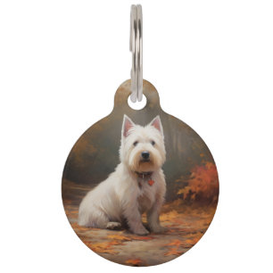 West Highland White Terrier in Autumn Leaves Fall Pet ID Tag