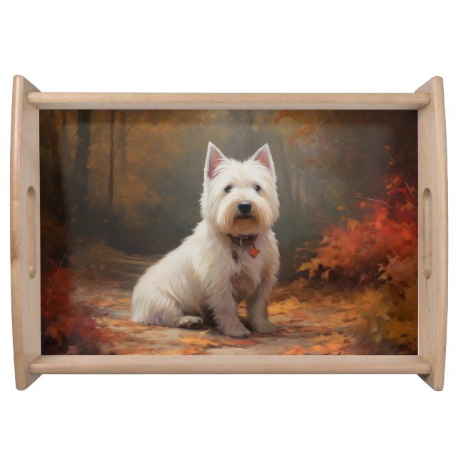 West Highland White Terrier in Autumn Leaves Fall Serving Tray (Front)