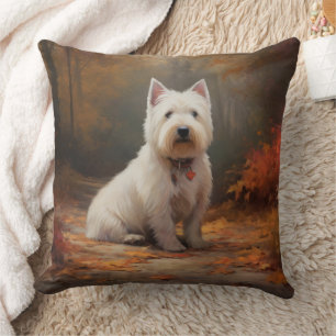 West Highland White Terrier in Autumn Leaves Fall Throw Pillow