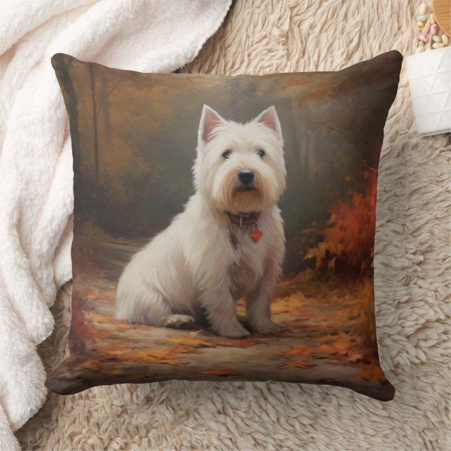 West Highland White Terrier in Autumn Leaves Fall Throw Pillow (Blanket)