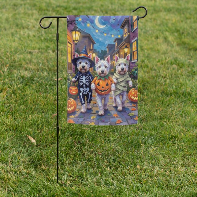 West Highland White Terrier In Halloween Costumes Garden Flag (In SItu)