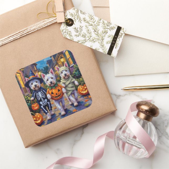 West Highland White Terrier In Halloween Costumes Square Sticker (Gifting)